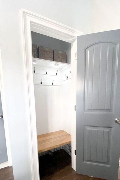 Small Closet Makeovers, Pantry Closet Makeover, Small Entry Closet, Entryway Closet Makeover, Coat Closet Makeover, Coat Closet Ideas, Closet Makeovers, Small Coat Closet, Front Closet