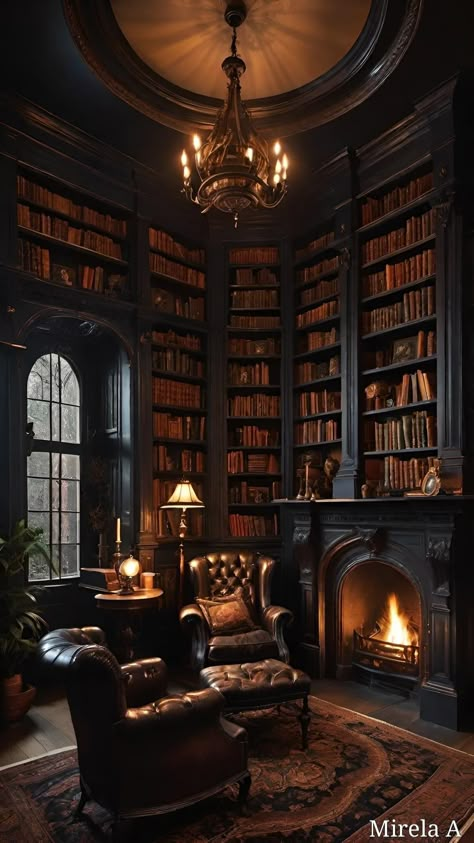 Dark Aesthetic Library Room, Goth Library Aesthetic, Goth Home Library, Gothic Study Room, Gothic Library Room, Gothic Home Library, Victorian Bookshelves, Dark Manor Aesthetic, Home Library Inspiration