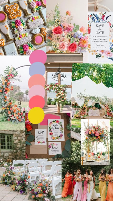 Whimsical garden wedding mood board. Colorful bright garden wedding. Mood board. Wedding planning. Fun wedding. destination wedding. bright wedding. Mood Board Colorful, Whimsical Garden Wedding, Wildflower Wedding Theme, Theme Garden, Garden Theme Wedding, Spring Wedding Colors, Bright Wedding, Board Wedding, בר מצווה