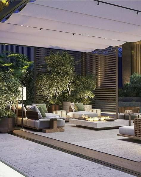 Innovative outdoor fire pit area with sittings Outdoor Hallway, Rooftop Patio Design, Easy Patio, Roof Garden Design, Roof Gardens, Bali Villa, Rooftop Terrace Design, Rooftop Design, Outdoor Living Design