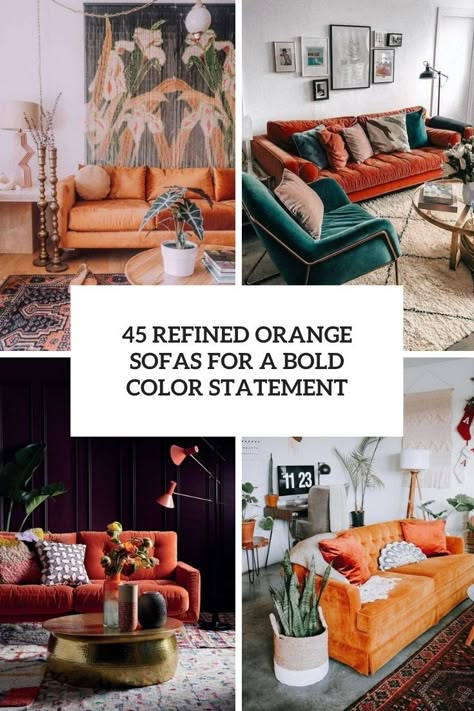 Orange Couch Color Scheme, Orange Velvet Sofa Living Room Ideas, Burnt Orange Couch Living Room Decor, Orange Sofa Rug Ideas, Mid Century Orange Couch, Burt Orange Sofa, Tangerine Couch Living Room, Orange Sofa Living Room Ideas Modern, Living Rooms With Orange Couches