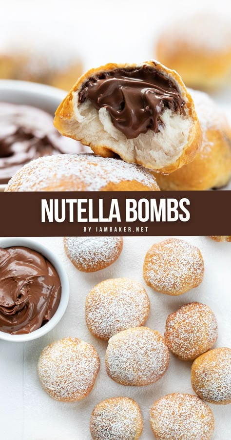 Two images of Nutella.  The first image is a close-up image from the side of a Nutella boma, ripped open showing the inside.  The second image is from overhead and shows the cooked Nutella bombs on a white surface with a bowl of Nutella. Good Simple Desserts, Bombolini With Nutella, Simple Nutella Desserts, Air Fryer Nutella Crescent Rolls, Nutella Balls Recipe, Deserts With Nutella Easy, Easy Dessert Recipes Nutella, Donut Bites Air Fryer, Dessert In Air Fryer Recipe