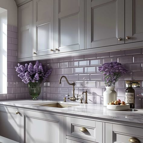 10+ Purple Kitchen Backsplash Designs for a Touch of Elegance • 333+ Art Images Purple Splash Back Kitchen, Home Decor Ideas Purple, Purple Tiles Kitchen, Purple And Blue Kitchen, Purple Backsplash Kitchen, Lavender Kitchen Ideas, Kitchen Design Purple, White And Purple Kitchen, Kitchen Ideas Purple