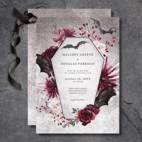 $2.92 | Rustic Gothic Black & Burgundy Halloween Wedding #gothic wedding, halloween wedding, moody, rustic, dark, wine burgundy maroon black, budget, fall autumn, themed wedding, bats coffin spiders Dark Romantic Wedding, Gothic Wedding Invitations, Pink Pool, Halloween Wedding Invitations, Dark Wedding Theme, Hand Fasting, Mums Wedding, Elegant Wedding Themes, Little White Chapel