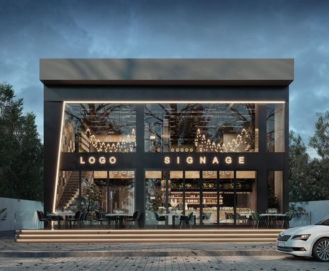 Restaurant Front Elevation Design, Luxury Restaurant Exterior Design, Luxury Cafe Exterior, Commercial Storefront Design, Luxury Restaurant Exterior, Cafe Facade Design, Commercial Facade Design, Commercial Building Exterior, Cafe Facade