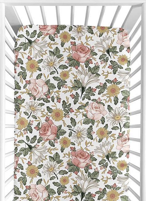 Amazon.com: Sweet Jojo Designs Vintage Floral Boho Girl Fitted Crib Sheet Baby or Toddler Bed Nursery - Blush Pink, Yellow, Green and White Shabby Chic Rose Flower Farmhouse : Baby Sarah King, Boho Baby Girl, Portable Crib, Mini Crib Sheets, Girl Nursery Room, Sweet Jojo Designs, Jojo Designs, White Shabby Chic, Mini Crib