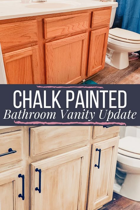 DIY chalk paint updated bathroom vanity cabinet using Rustoleum chalk paint and glaze. A full tutorial on using this paint and the pros and cons associated with it. Bathroom Vanity Update, Vanity Update, Rustoleum Chalk Paint, Painted Vanity Bathroom, Updated Bathroom, Oak Vanity, Vanity Makeover, Painted Bathroom, Vanity Cabinets