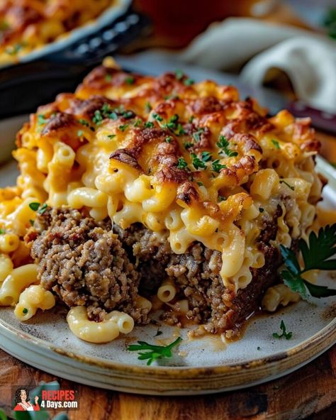 Mac and Cheese Meatloaf Casserole Mac & Cheese Meatloaf Casserole, Mac N Cheese Meatloaf Casserole, Classic Comfort Food, Mac And Cheese Meatloaf, Mac And Cheese Meatloaf Casserole, Creative Dinner Recipes, Flavorful Meatloaf, Burger Meals, Cheese Meatloaf