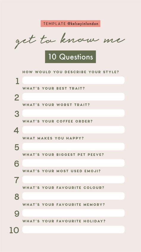 Instagram Story Template – Get To Know Me / About Me Template Insta Templates, Me Template, About Me Template, Story Questions, Instagram Story Questions, Instagram Questions, Friend Quiz, Good Traits, Fun Questions