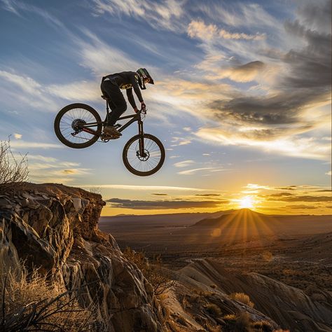 Mountain Biking Sunset: An adventurous mountain biker jumps over a rocky ledge against a breathtaking sunset backdrop. #mountain biking #sunset #adventure #outdoor #cycling #aiart #aiphoto #stockcake ⬇️ Download and 📝 Prompt 👉 https://ayr.app/l/Kac1 Sunset Adventure, Mountain Biking Photography, Sunset Backdrop, Downhill Bike, Sunset Images, Downhill Mtb, Bike Photography, Bike Parking, Motorcycle Riders