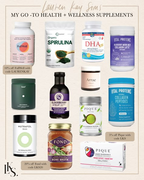 my go-to health + wellness supplements - Lauren Kay Sims Weight Loose Tips For Women, Good Vitamins For Women, Lauren Kay Sims, Weight Loose Tips, Healthy Supplements, Vital Proteins, Supplements For Women, Vitamins For Women, Workout Supplements