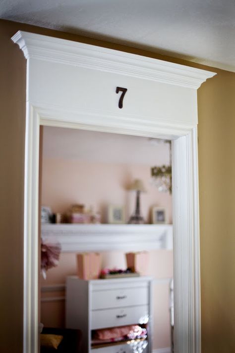 add trim and crown molding above a door frame - Tidbits from the Tremaynes Diy Door Header, Wainscoting Staircase, Wainscoting Stairs, Wainscoting Kitchen, Door Header, Wainscoting Bedroom, Window Decorating, Wainscoting Bathroom, Dining Room Wainscoting