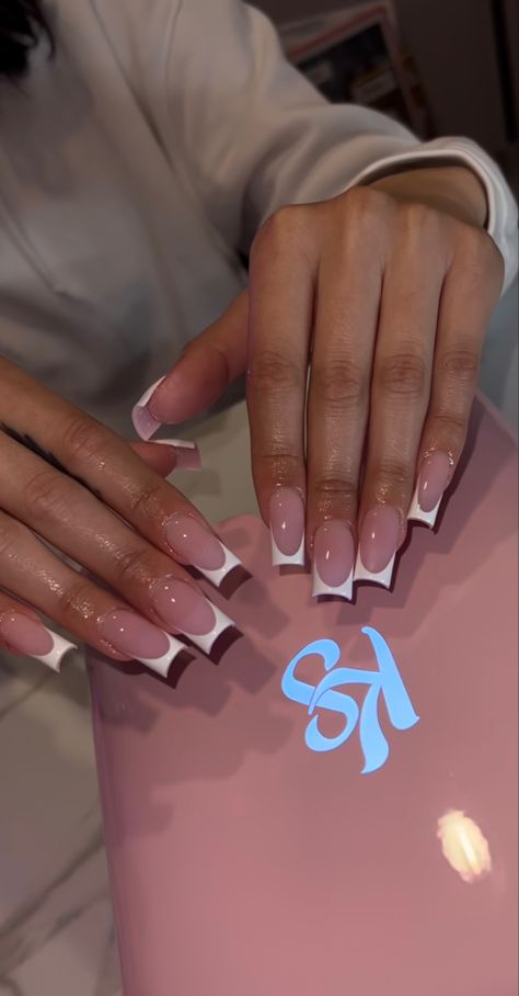 Half Inch Nails, Short Modern French Nails, Basic French Tip Nails Square, Classic French Tip Nails With Design, Boujie Nails Acrylic Short, Simple Nail Ideas Black Women, Medium Frenchies Nails, Long Square Acrylic Nails French Tip Design, French Tip Base Color Chart