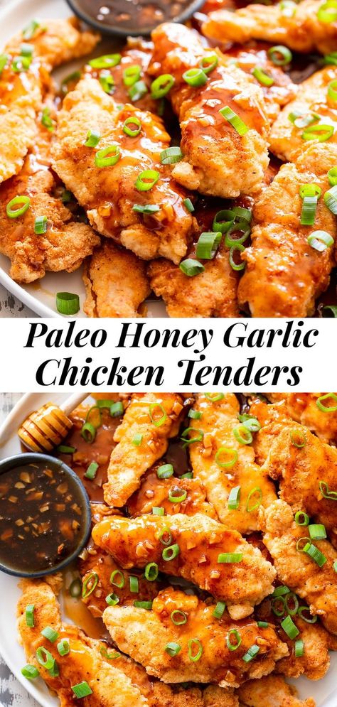 These paleo honey garlic chicken tenders have a crispy grain free “breading” and a sweet and savory honey garlic sauce that’s full of flavor! Paleo Honey Garlic Chicken, Chicken Recipes Paleo, Honey Garlic Chicken Tenders, Garlic Chicken Tenders, Crispy Chicken Salads, Paleo Running Momma, Breaded Chicken Recipes, Crispy Chicken Recipes, Chicken Tenderloin Recipes