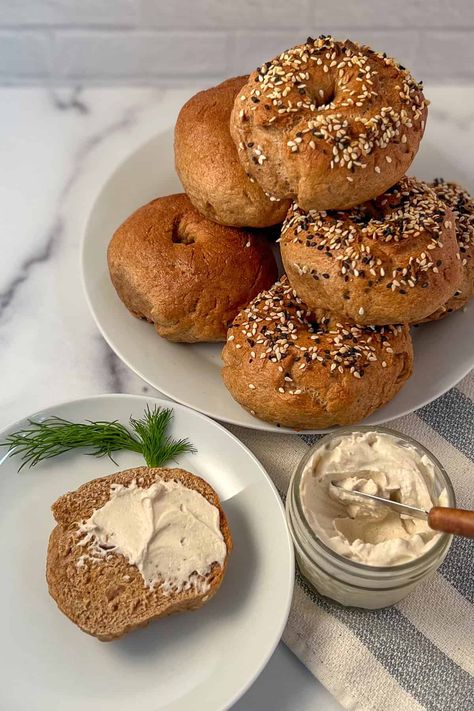 These homemade whole wheat bagels are a wholesome and delicious breakfast option. Made with just five simple ingredients, this recipe is easy to follow and delivers a tasty and healthy bagel that's crusty on the outside and soft on the inside. It is also oil-free, soy-free, nut-free, vegan, and great for meal prep. Whole Wheat Bagels, Healthy Bagel, Bagel Recipe Easy, Vegan Bagel, The Daniel Fast, Whole Wheat Bagel, Vegan Crab, Vegan Lentil Soup, Daniel Fast Recipes