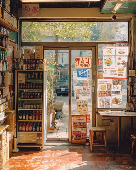 Discover the cozy interior of a noodle station nestled within a modern antique store in Seoul. #NoodleStation #SeoulAntiques #ArchitecturalPhotography #EverydayLife #AnalogueFilmmaking #seoul🇰🇷 #cityphotos #bookstoresofinstagram #architecturephotos #antiquestore #streetstyles #modernarchitecturedesign Japanese Convenience Store Interior, Store Fronts Japan, Seoul Korea Photography, Japanese Convience Store, Corner Shop Aesthetic, Life Pictures Aesthetic, Japan Retro Aesthetic, Art Shop Aesthetic, Background Reference Photo