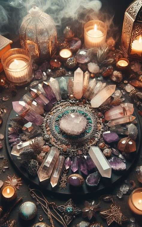 Crystals And Gemstones Aesthetic, Gem Stones Aesthetic, Crystal Altar Aesthetic, Modern Mystic Aesthetic, New Age Spirituality Aesthetic, Amethyst Aesthetic Wallpaper, Crystals Background Wallpapers, Black Crystals Aesthetic, Witchcraft Wallpaper Aesthetic