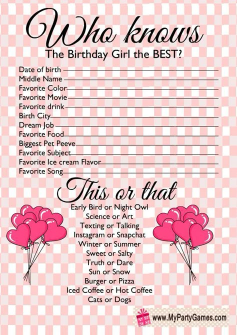 Birthday Party Who Knows Me Best, Birthday Who Knows Me Best, Do You Know The Birthday Girl, Sweet 16 Birthday Party Games, Sweet 16 Printables Free, Things To Do For Your Sweet 16, Party Games For Sweet 16, Who Knows The Birthday Girl Best Game, Who Know The Birthday Girl The Best