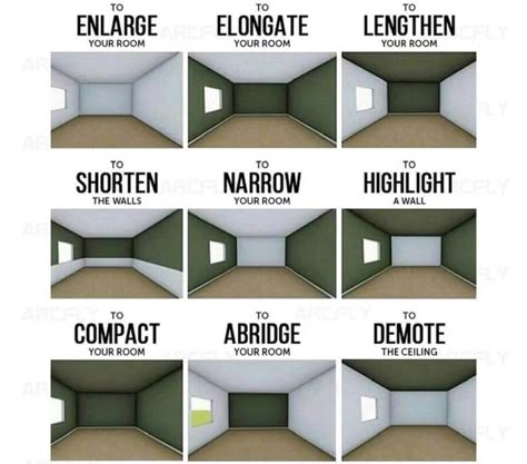 Visual representations of how painting the different walls/ceiling of a room can enlarge, lengthen, shorten or accentuate different aspects of its size. Dark Floors, Interior Painting, Remodel Bedroom, Apartment Room, Room Paint, Apartment Living Room, Design Case, Interior Design Tips, Apartment Therapy