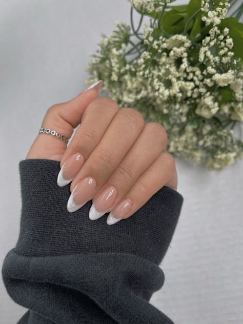 French Tip Nails Sparkly White, White Shimmer French Tips, Sparkly White Tip Nails, White French Tip With Sparkle Line, White French Tip Nails With Sparkles, Sparkly White French Tip Nails Almond, Grad Nail Ideas White, White Sparkle French Tip Nails Almond, White French With Silver Line