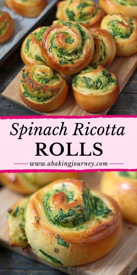 Spinach Cheese Rolls, Dinner Bread Ideas, Savoury Scrolls, Easy Bread Rolls, Easy Bread Roll Recipe, Ricotta Bread, Ricotta Rolls, Fresh Spinach Recipes, Vegetarian Snack