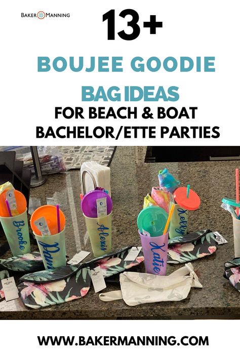 13 BOUJEE GOODIE BAG IDEAS FOR BEACH BACHELORETTE PARTIES In this post, I'm going to list 13 boujee goodie bag ideas for beach bachelorette parties. If you're looking for inspiration for your beach-themed bachelorette party, you're in luck! I'm in the process of creating an extensive step-by-step guide for bachelorette party planning. I'll be covering topics like the best bachelorette party destinations, activities, themes, games, and goodie bag ideas for 2021. Cruise Gift Bag Ideas Party Favors, Beach Bachelorette Party Favors Welcome Bags, Beach Goody Bag Ideas, Beach Trip Goodie Bags For Adults, Bachelorette Pool Party Gift Bags, Beach Goodie Bags For Women, Bachelor Party Goodie Bags, Bachelorette Goody Bag Ideas Beach, Bachelorette Party Goodie Bag Ideas