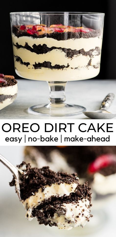 This Easy Dirt Cake Recipe (Oreo Dirt Pudding) is one of our favorite no-bake desserts! Crushed Oreos are layered between a french vanilla pudding mixture for a kid-friendly, make-ahead dessert recipe perfect for any potluck or BBQ! Add gummy worms for a whimsical touch! #dirtcake #dirtpudding #oreos #oreopudding #nobake #dessert #potluck #bbq #summer Easy Dirt Cake, Dirt Pudding Recipes, Oreo Dirt Pudding, Dirt Cake Recipe, Oreo Dirt Cake, Dirt Dessert, Dirt Cake Recipes, Keto Pudding, Dirt Pudding