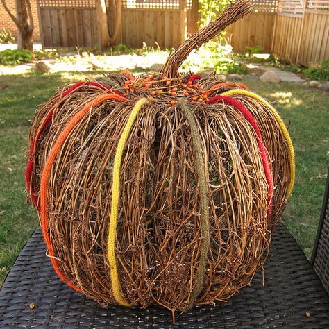 Iron Craft Challenge #19 - I-cord and Grapevine Pumpkin Grapevine Crafts, Fall Craft Projects, Grapevine Pumpkin, Twig Furniture, Halloween Wedding Ideas, Twig Crafts, Fall Crafting, Craft Challenge, Pumpkin Diy