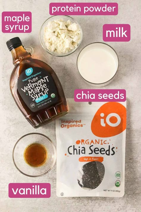 Macro Friendly Chia Seed Pudding, Protein Chai Pudding, Chia Pudding Recipes Protein Powder, Overnight Chia Seed Pudding Almond Milk, Chia Seed Protein Pudding Recipe, Protein Shake Chia Pudding, Chia Pudding With Protein Shake, Chia Protein Pudding Recipes, Protein Powder Chia Seed Pudding