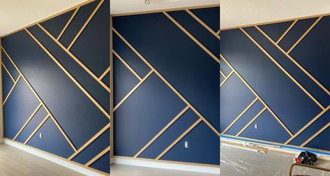 Black Gold And Blue Bedroom, Navy Blue And Gold Dining Room, Navy And Gold Bedroom Ideas Inspiration, Navy Blue And Gold Accent Wall, Navy And Gold Accent Wall, Blue And Gold Accent Wall, Royal Blue Accent Wall, Blue Gold Office, Royal Blue And Gold Bedroom