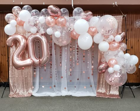 2020 grad party picture backdrop. Rose Gold. All items purchased from Amazon. 21st Rose Gold Birthday Party, Rose Gold Party Backdrop, Rose Gold Birthday Decoration Ideas, 21st Birthday Rose Gold Theme, Rose Gold And White Graduation Party, Rose Gold Party Theme Birthday, Rose Gold Balloons Party Ideas, Rose Gold Theme Birthday Party Decorations, 20th Birthday Backdrop Ideas