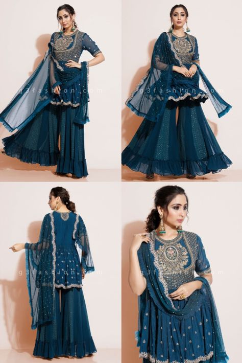 Sharara Designs Full Sleeves, Suit Designs Latest Party Wear, Blue Anarkali Sharara With Dupatta, Long Sleeve Blue Sharara With Self Design, Dark Blue Sharara Suit, Floor-length Anarkali Sharara In Blue, Anarkali Dress Online Shopping, Umbrella Frock, Party Wear Anarkali Dress