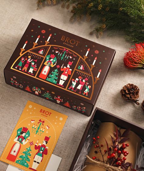 Seasonal Packaging Design, Christmas Packaging Illustration, Christmas Box Packaging Design, Stollen Packaging, Christmas Product Packaging, Christmas Design Packaging, Christmas Chocolate Packaging, Holiday Package Design, Christmas Box Design Packaging