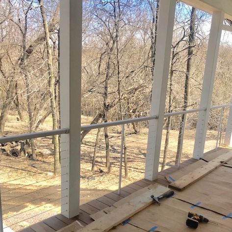 Cable Railing Screened In Porch, Screened In Porch With Railing, Screened Porch Railing Ideas, Screened In Porch Railing Ideas, Screened In Porch Railing, Cottage Porch Ideas, Screened Porch Addition, Porch Balusters, Screen In Porch