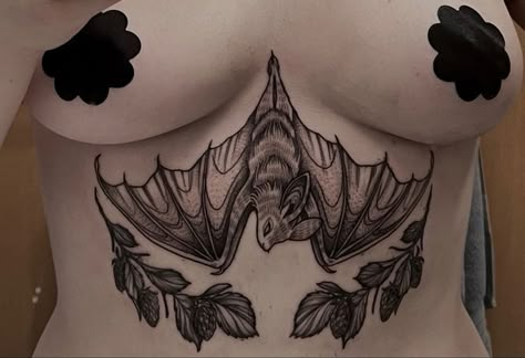 Goth Womb Tattoo, Chest Tattoos Top Surgery, Sternum Bat Tattoo Women, Bat Tattoo Under Breast, Goth Half Sleeve Tattoo, Black Goth Tattoo, Bat Tattoo On Stomach, Thigh Bat Tattoo, Bat Tattoo Stomach