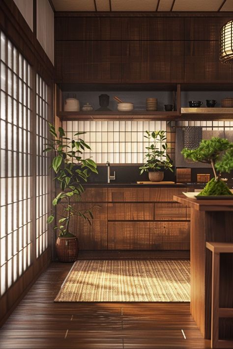 Zen Kitchen Design with Traditional Japanese Elements Japanese Kitchen Backsplash, Cooks Dream Kitchen, Japanese Interiors Traditional, Zen Vibes Aesthetic, Japan Style Kitchen, Japanese Kitchen Interior, Kitchen Ideas Japanese, Japanese Aesthetic House, Asian Inspired Interior Design