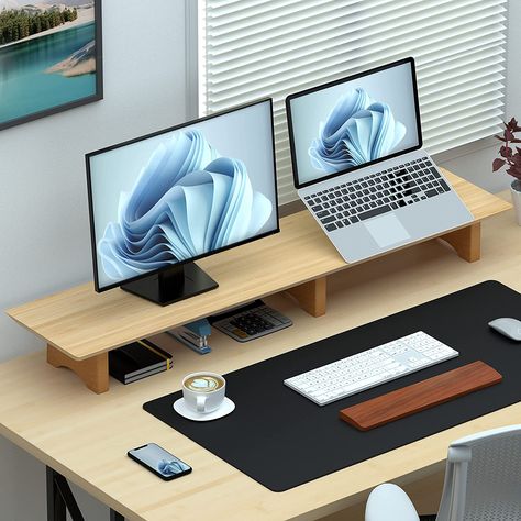 Solid Wood Desk Shelf with Eco Cork Legs for Laptop Computer/TV/PC/Printers, Perfect Desktop Stands Organizer with Underneath Storage for Office Accessories Storage For Office, Dual Monitor Stand, Monitor Riser, Dual Monitor, Hardwood Plywood, Solid Wood Desk, Desktop Stand, Desk Shelf, Inbox Zero