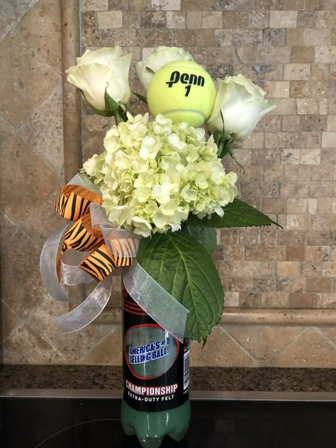 Tennis Ball Bouquet, Senior Day Tennis Ideas, Senior Tennis Night Ideas, Tennis Ball Decorations, Senior Athlete Gift Ideas, Senior Tennis Poster Ideas, Tennis Banquet Centerpieces, Tennis Posters High School Senior Night, Tennis Banquet Decorations