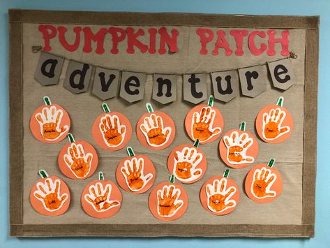 Fall Bulletin Boards Pumpkin, Halloween Pre K Bulletin Boards, Fall Crafts For Bulletin Boards, Our Pumpkin Patch Bulletin Board, Fun Classroom Themes Preschool, October School Bulletin Board Ideas, Autum Board Preschool, Preschool Classroom Fall Decor, Fall Art Toddler Activities