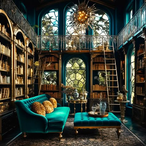 Home Library features colorful furniture, decor, and large windows, in the style of dark gold and teal, bella kotak, suspended / hanging, chrome-plated, victorian, distressed materials, extravagant Teal Green Room, Teal Library, Teal Library Room, Dark Maximalism Library, Jewel Tone Library, Victorian Gothic Library, Colorful Library, Dark Green Library, Purple Library