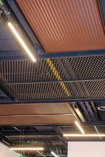 Industrial Style Ceiling Design, Metal Ceiling Design, Metal Ceiling Ideas, Perforated Metal Ceiling, Metal Interior Design, Gym Design Interior, Armstrong Ceiling, Office Ceiling, Ceiling Design Ideas