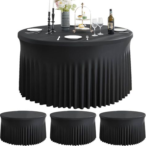 Amazon.com: Htper 4 Pack Black Spandex Round Tablecloths for 60inch Table, 120inch Stretchy Fitted Round Table Cloths, Wrinkle Free Table Covers with Skirt for Wedding Birthday Parties Banquet : Home & Kitchen Black Tablecloth Thanksgiving Setting, Maskerade Table, Table Settings 60th Birthday, Black And Gold Holiday Party Tables, Happy Birthday Table Stand, Table Set Up For Party Layout Rustic, Black Gold Round Table Setting, Event Small Round Tables, Garage Party Tables