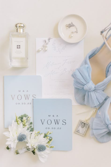 Blue wedding invitation and blue bridal shoes in flat lay for wedding Dusty Blue Detail Shots, Wedding Stationary Flatlay, Blue Flat Lay Wedding, Bridal Flat Lay Photography, Bridal Details Flat Lay, Bridal Flat Lay, Soft Blue Wedding Theme, Wedding Flatlay Inspiration, Lay Flat Wedding Details