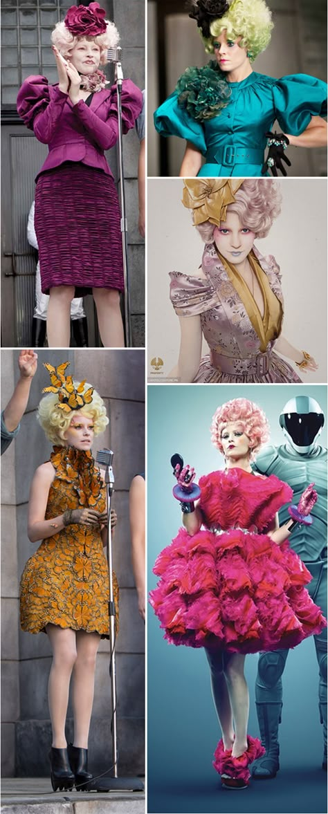 The best of Effie Trinket's outrageously awesome outfits from the Hunger Games and Catching Fire. How fun would it be to dress up in one of these costumes for Halloween?! #CapitolCouture #EffieTrinket #HungerGames Effy Hunger Games Costume, Hunger Games Costume Effie, Effie Hunger Games Outfits, Hunger Games Effie Outfits, Effie Trinket Costume Ideas, Hunger Games Effie Costume, The Capitol Hunger Games Fashion, Panem Capitol Fashion, Effie Trinket Inspired Outfits