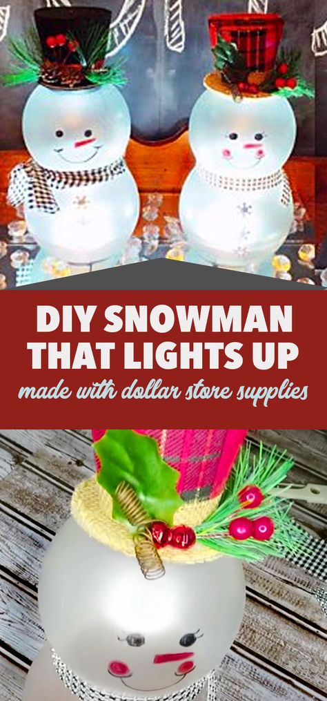 Dollar Store Christmas Crafts - DIY Snowman That Lights Up - Cheap Holiday Decor Ideas #christmas #christmascrafts #dollarstorecrafts Fishbowl Snowman Diy Christmas Crafts, Light Up Snowman Craft, Snowman Crafts Dollar Tree, Snowman Vase Diy, Winter Dollar Store Crafts, Globe Snowman Diy, Christmas Arts N Crafts, Diy Dollar Tree Snowman Crafts, Dollar Tree Christmas Presents Diy