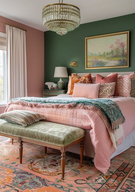 Teal Green And Pink Bedroom, Pink Olive Bedroom, Blue Green Beige Bedroom, Colorful Modern Bedroom Ideas, Emerald Bedroom Aesthetic, Colorful Neutral Bedroom, Pastel Paint Colors Bedroom, One Green Wall Bedroom, Pink Wall Design Ideas