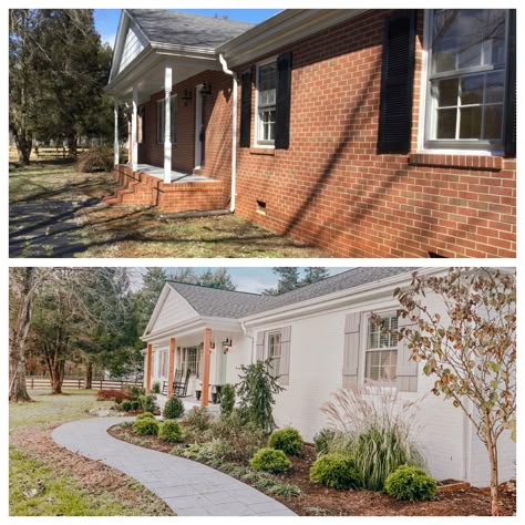 Before and After! Painted the brick white, built new shutters and added landscaping and roof. Slowly transforming this 1970 brick ranch house into our dream home. Love our curb appeal now. Follow me on Instagram at @thepepperedshed for more renovation and design inspiration on a budget! Renovation Facade, Brick Ranch Houses, Ranch House Remodel, Ranch House Exterior, Painted Brick House, Ranch Remodel, Ranch Exterior, Farmhouse Renovation, Brick Ranch