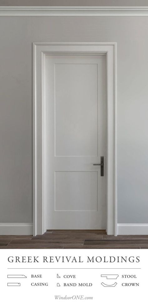 Indoor Doors Ideas Farmhouse, Mcgee Interior Doors, Indoor Doors Design, Tall Bedroom Doors, Window And Door Trim Ideas Interiors, Logan Interior Doors, Indoor Door Trim, Greek Revival Molding, Modern House Interior Doors