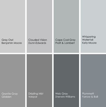 1. Gray Owl 2137-60, Benjamin Moore 2. Clouded Vision DE6380, Dunn-Edwards 3. Cape Cod Gray 28-24, Pratt & Lambert 4. Whispering Waterfall KM3849-1, Kelly-Moore Paints 5. Plummett 272, Farrow & Ball 6. Web Gray SW7075, Sherwin-Williams 7. Drizzling Mist 4006-1C, Valspar 8. Granite Gray A2005, Glidden Gray Paint Colors, Pittsburgh Paint, Gray Paint, Grey Paint, Grey Paint Colors, Shades Of Gray, Remodel Bedroom, Basement Remodeling, Mellow Yellow