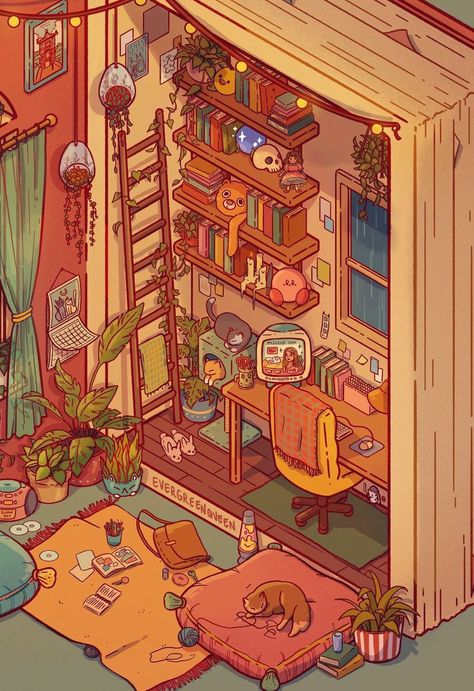 Drawing Bedroom Aesthetic, Draw Room Ideas, Cute Room Illustration, Cat House Illustration, Aesthetic Lofi Art Wallpaper, Cozy Art Wallpaper, Isometric Art Wallpaper, Bedroom Illustration Aesthetic, Cute Scenery Drawing